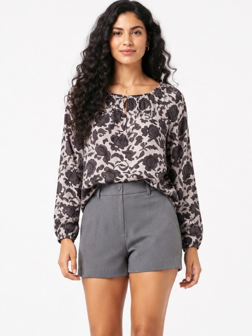 LOFT Blush Gray Floral Peasant Blouse XS Romantic Boho Long Sleeve